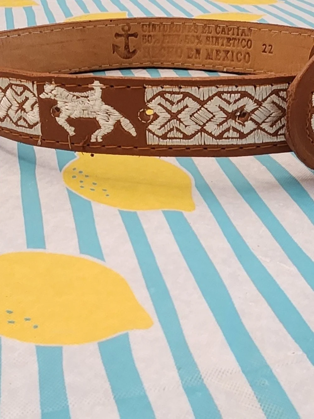 Handcrafted Brown Leather Boy's Belt with White Embroidery Sz 5